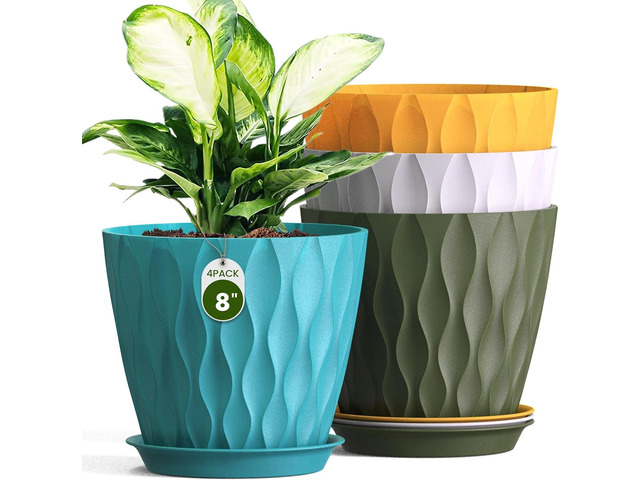 8' Water Wave Plant Pots with Drainage Holes & Saucers, 4 Pack Modern Textured Medium Planters for Indoor Outdoor Plants, Decorative Flower Pots...