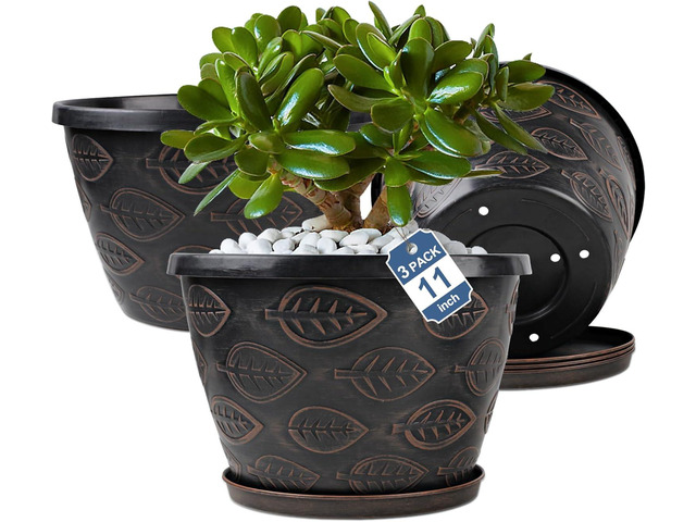 Nooulap 3 Pack Flower Pots Outdoor 11 Inch Plant Pots Indoor, Large-Plastic-Plant-Flower-Planters-Pots with Drainage Hole & Tray, Modern Decorative...