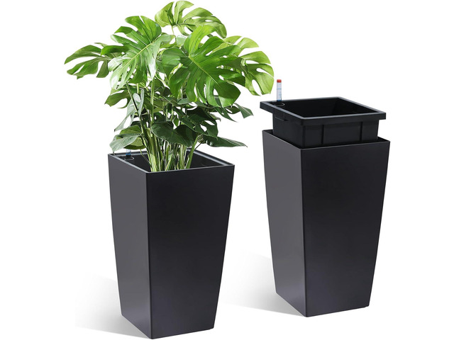 Garvee 16' Tall Planters Set of 2, OutdoorIndoor Black Planter Pots, High Front Porch Planter Pots with Drainage HolesWater Level MonitorInner...