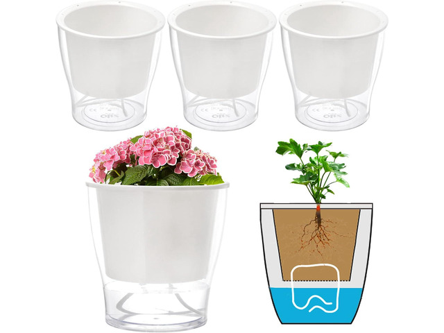 ZOOFOX 4 Pack Self Watering Pots for Indoor Plants, 7 Inch Large Clear Plastic Automatic-Watering Plant Pot, Modern Decorative Pot for Indoor...