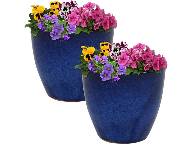 Sunnydaze Resort Round Ceramic Planter - Set of 2 Indoor or Outdoor Plant Pots with Drainage Hole - 8' - Imperial Blue Glaze