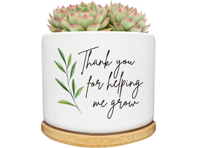 Thank You for Helping Me Grow Succulent Cactus Planter Pots with Bamboo Tray, Office Kitchen Home Windowsill Indoor Tabletop Decor, Gift for...