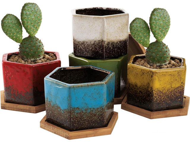 TOPZEA Set of 5 Succulent Planter Pots, 4.2 Inch Hexagon Glazed Ceramic Small Cactus Pot, Geometric Mini Flower Plant Container with Drainage Hole...