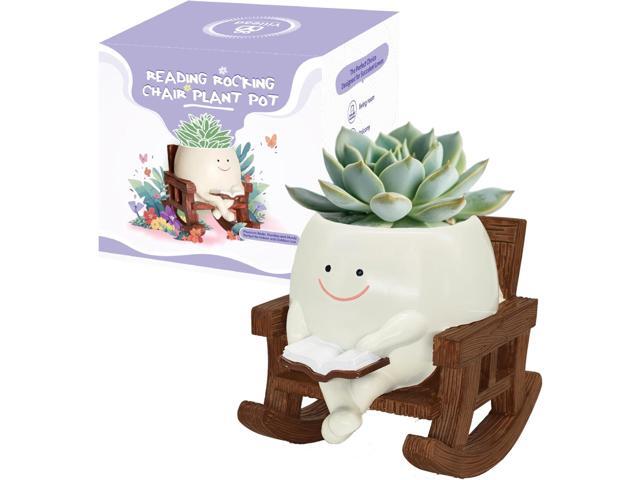 Smiley Face Planter Pot, Cute Plant Pots for Indoor Outdoor, Unique Reading Rocking Chair Plant Pot for Succulents Plants Live with Drainage Hole,...