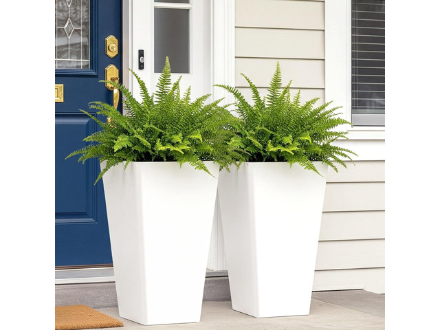 Worth Garden 20' Tall Planters Set of 2 Large White Tapered Plastic Flower Pots for Indoor & Outdoor Use Modern Plant Containers with Drainage...