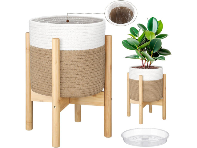 Plant Basket with Stand Indoor Planter Pot Holder Sturdy Jute Rope Modern Woven Basket, Cotton Rope Woven Pot with Bamboo Stand(White and Yellow,10...