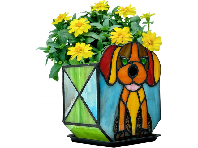 Tiffany Style Dog Planter,Indoor Plant Pots with Drainage,Unique Cactus Pot,Arrange Dried Flowers Flower Pots,Plant Gifts for Dog Lovers