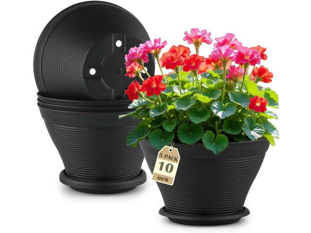 RooTrimmer 5 Pack 10 Inch Plant Pots with Saucers, Plastic Flower Pots with Drainage Holes, Large Planters for Indoor Outdoor Garden, House Plants,...