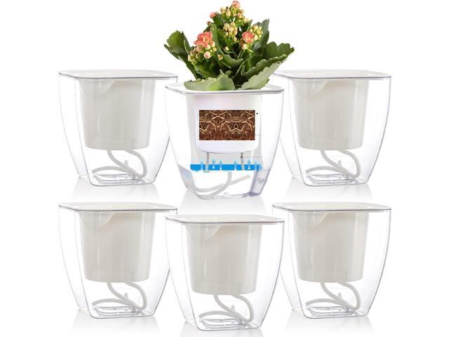 Lyellfe 6 Pack Plastic Self Watering Pots, 4 Inch Clear African Violet Pots for Indoor Plants, Automatic-Watering Planter with Drainage, Wick Rope,...
