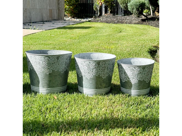 allgala Galvanized Planter Pot Indoor and Outdoor Decoration-Round Grey-3-PC-HD88314