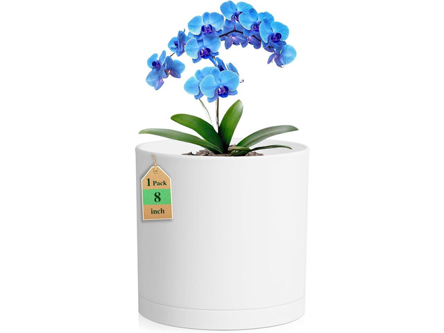 WSMKSZ 8 Inch Cylinder Plant Pots for Indoor Outdoor Plants, Medium Deep Flower Pots with Drainage Holes & Saucer, Decorative Plastic Planter Pots...