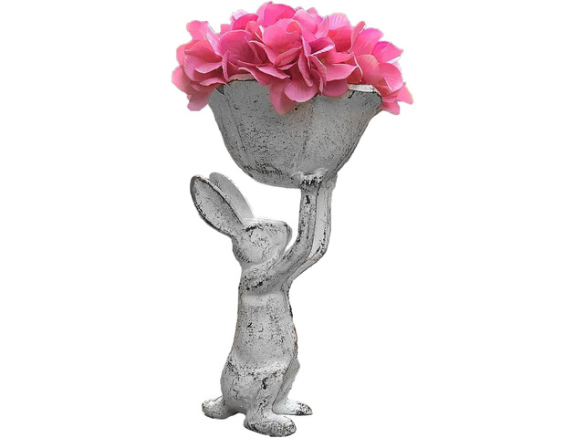 Antique White Cast Iron Rabbit with Flower Bird Feeder - 6 Inch Plant Pot or Feeder - (Cute Planter for Garden Decor for Outside)