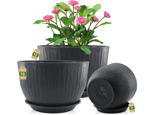 12/10/9 inch Plant Pots, 3 Pack Flower Pots for Outdoor Indoor Garden Plants, Large Planters with Multi Mesh Drainage Holes and Saucer (Black,...