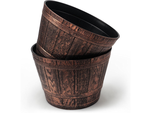 Sapphire Plant Pots Set of 2 Pack 10 inch, Copper Whiskey Barrel Planters with Drainage Holes. Plastic Decoration Flower Pots Imitation Wine Barrel...