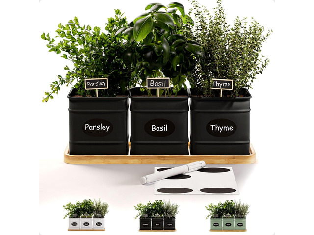Herb Planter Indoor - 3 Iron Herb Pots with Drainage Holes, Varnished Bamboo Tray, Customizable Labels & Marker Pen - Indoor Herb Garden Planter -...