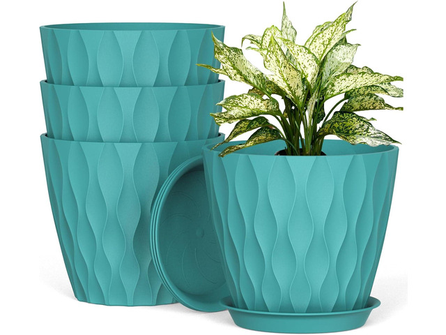 UOUZ 8 Inch Plant Pots, 4 Pack Plastic Planters for Indoor Outdoor with Drainage Holes & Saucers, Waffle Texture Flower Pots for Indoor Plants,...