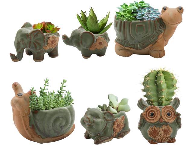 Okllen 6 Pack Mini Animal Ceramic Succulent Planter Set, Cute Elephant, Turtle, Owl, Snail, Succulent Pots with Drainage Hole, Ideal for Bonsai,...