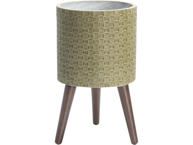 D'vine Dev 10 Inch Modern Geometric Tile Patterned Sleek Planter Pot with Stand, Indoor Outdoor Decorative Plant Holder, Distressed Olive, 88-Z-B-4