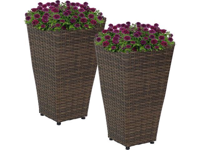 Sunnydaze Square Tall Wicker Outdoor Planter Set of 2 - Polyrattan Large Outdoor Planters for Porch, Patio or Garden - 20' Tall Plant Pots - Brown
