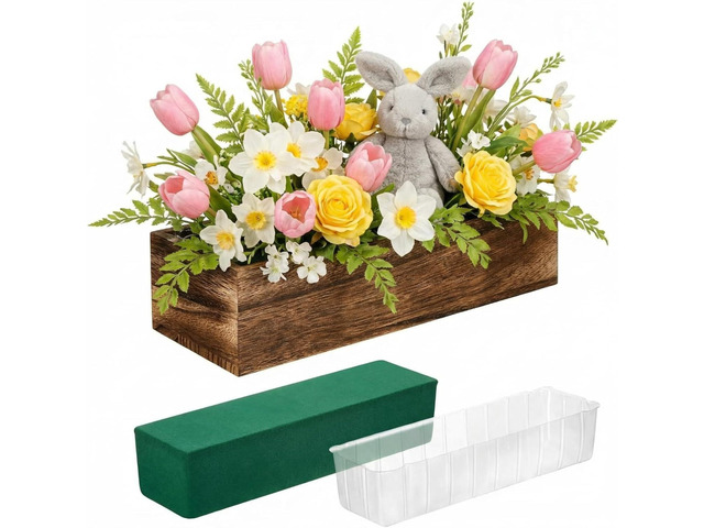 Dandat 1 Set Wood Boxes for Centerpieces 16x4 Inch Rectangle Wooden Planter Box Rustic Wood Planter with Removable Plastic Liner Floral Foam Blocks...