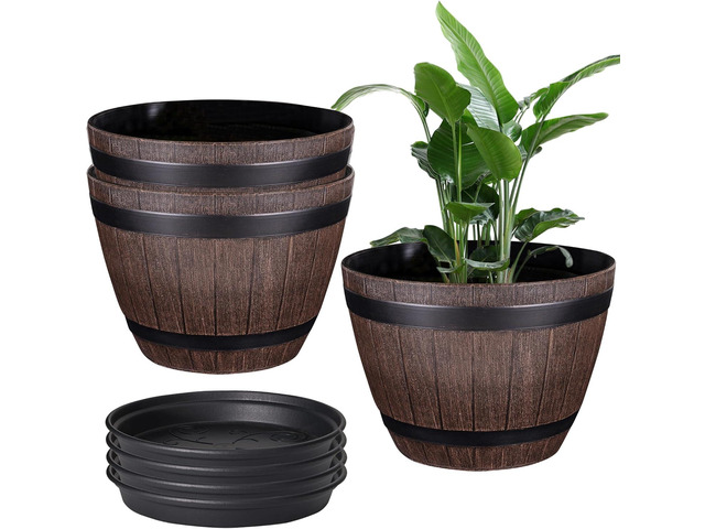VECELO Plant Pots with Drainage Holes & Saucer, 13 Inch Flower Pots with Tray, 3 Pack Plastic Whiskey Barrel Planters for Indoor & Outdoor Garden...