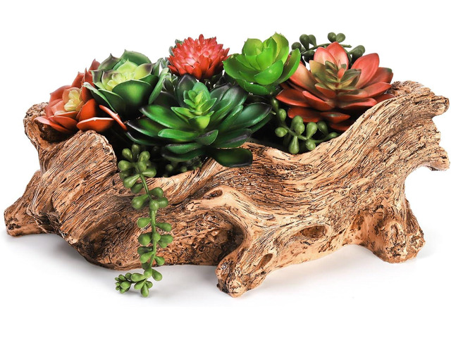 Tebery Artificial Driftwood Stump Log Planter Vintage Cactus Container with Drainage Hole, Creative Imitation Sculpture Resin Succulent Flower Pot...