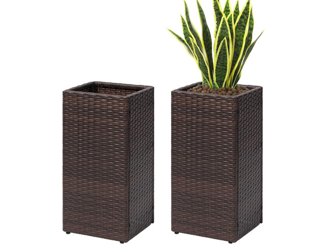 SUNNYPARK 2 Pack Tall Planters for Outdoor Plants Rattan Modern Tall Square Planter Box with Removable Liners Indoor Outdoor Porch Patio Flower Pot...