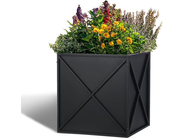 SUNNYPARK Large Metal Planter Box 17x 17x 18, Square Modern Black Metal Planter Box Heavy Duty with Drainage Holes for Outdoor Garden Patio
