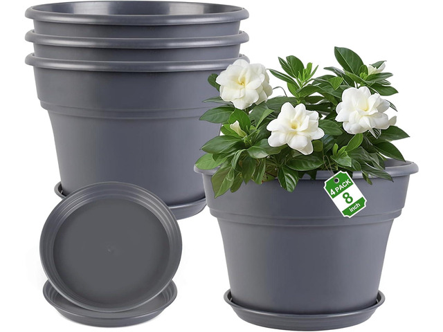 Myfeegoin 8-inch-Plant-Pots-Indoor-Outdoor, 4 Pack Plastic Planters with Drainage Holes & Saucers, Resin Flower Pots with Trays, Classic Garden Pot...