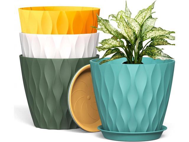 UOUZ 8 Inch Plant Pots, 4 Pack Plastic Planters for Indoor Outdoor with Drainage Holes & Saucers, Waffle Texture Flower Pots for Indoor Plants,...
