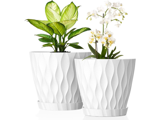 UOUZ 8 Inch Plant Pots, 2 Pack Plastic Planters for Indoor Outdoor with Drainage Holes & Saucers, Waffle Texture Flower Pots for Indoor Plants,...