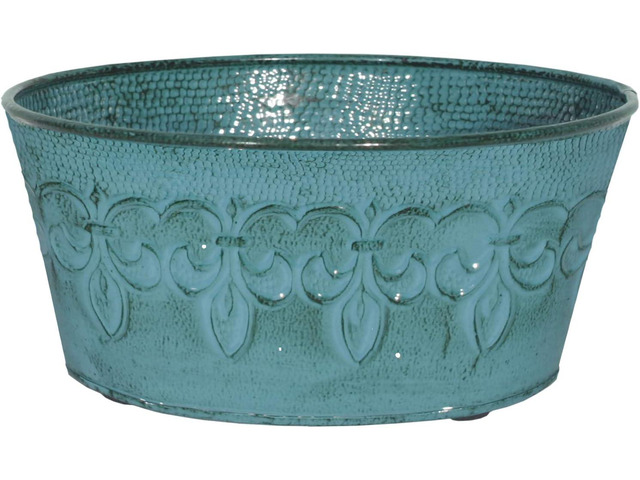 Robert Allen MPT01893 Fluer De Lis Series Metal Bowl Planter Flower Pot, 8', Color Surf Blue