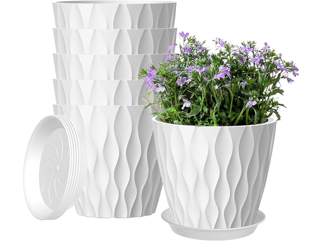 6 Pack 7 Inch Plant Pots with Drainage and Saucers, White Plastic Flower Pots for Indoor and Outdoor Plants, Stackable Nursery Planters for...
