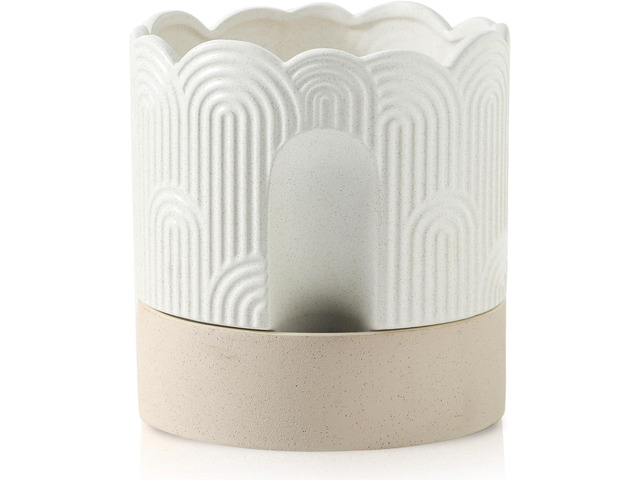 Nihow Self Watering Plant Pot for Indoor Plants with Wick: 8 Inch Ceramic Planter with Drainage Hole & Water Storage - Relief Design - Beige &...