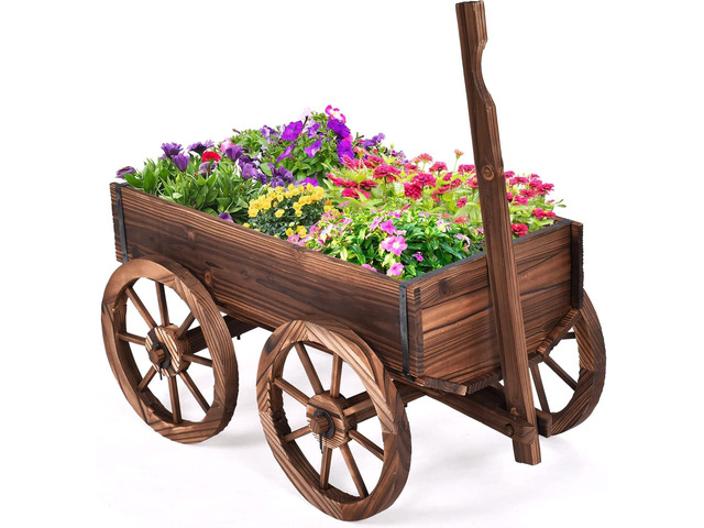 S AFSTAR Wooden Wagon, Wood Flower Planter Pot Stand with 4 Wheels & Drainage Holes, Amish Wagon Planter, Rolling Pot Stand Wood Wagon for Outdoor...