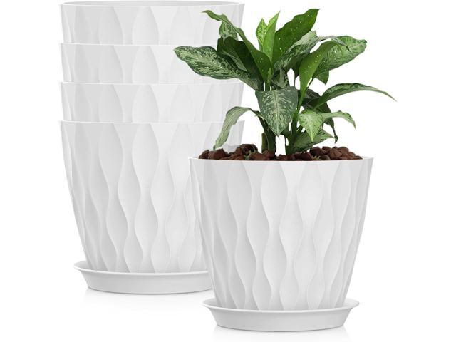 8 Inch Plastic Plant Pots,Set of 5 Flower Pots,Planters with Drainage Holes & Saucers, Indoor Outdoor Garden Pots for Home Decor(White)