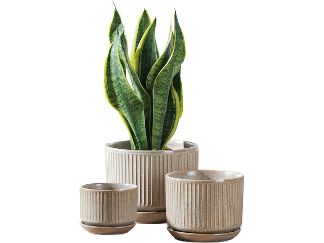 SURE YUESI Speckle Gray Ceramic Plant Pots Set of 3 (4.3+5.5+6.7) Indoor Striped Planters with Drainage Hole, Saucer Pad, Decorative Pots for...