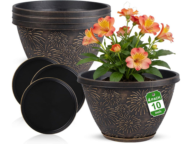 4 Pack 10 Inch Plant Pots with Drainage Holes and Saucers, Antique Gold Firework Embossed Resin Planters, Weather-Resistant Flower Pots for Indoor...