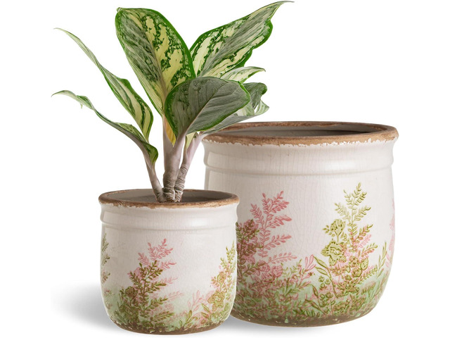 SURE YUESI Vintage Pink & Green Ceramic Planter Set of 2, 4.7 & 5.7 Rustic Flower Pots for Indoor Plants, Decorative Home & Garden Plant Pots