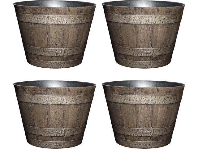 Classic Home and Garden Whiskey Plastic Resin Flower Pot Barrel Planter, Oak Brown, 20.5' (4 Pack)