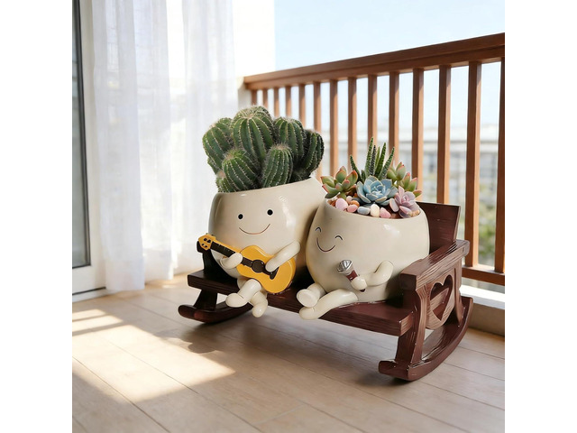 Smiley Face Planter Pot, Cute Funny Heart Rocking Chair Double Head Face Planter Pot with Unique Guitar and Microphone for Indoor Outdoor,...