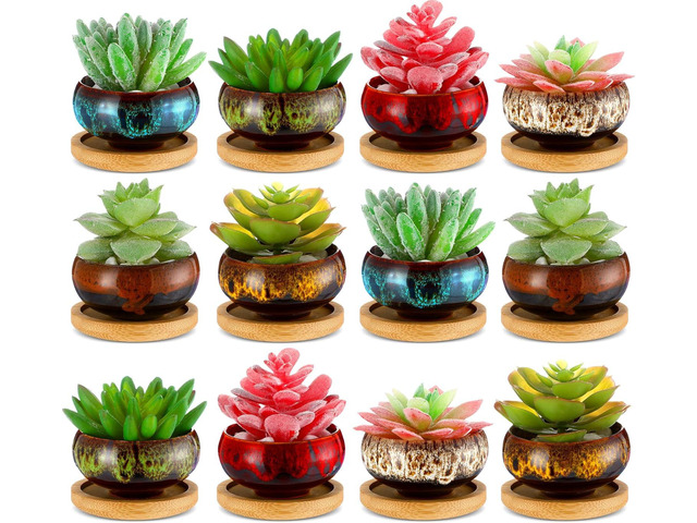 12 Pcs Succulent Pots 2.5 Inch Mini Ceramic Succulent Garden Flower Pots Planters with Drainage and Bamboo Tray for Indoor Garden Plants Planters...