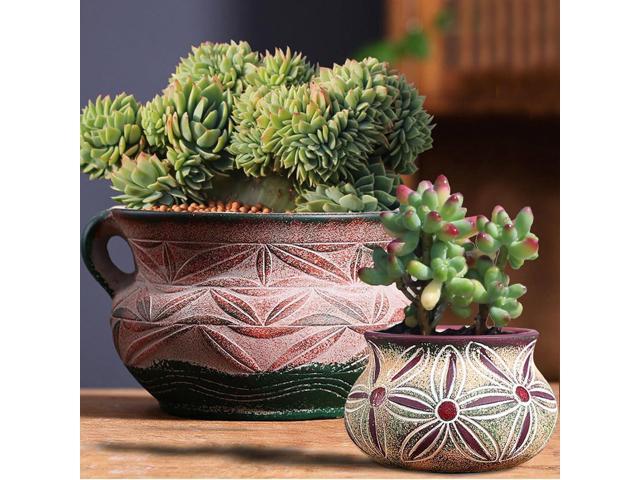 Ceramic Succulent Pot with Drainage Hole, Bohemia Rustic Decorative Planter, Set of 2, Indoor Outdoor
