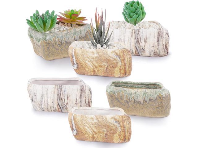 Blushtier 6 Pcs 5.3 Inch Ceramic Succulent Pots Stone Shape Bulk Rectangle Window Box Cactus Plant with Drainage Hole Succulent Planters Small.