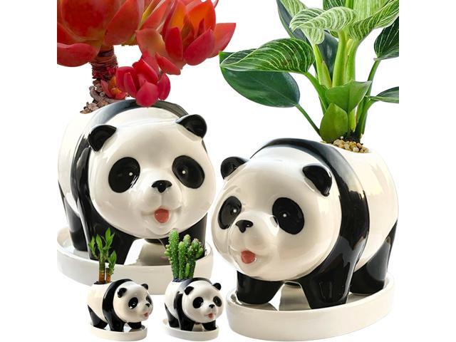 2PC Panda Bamboo Planter Pots-5.7 Ceramic Animal Planters Succulent Pots & Drainage Tray-Lucky Bamboo Plant Pots Flower Pots Indoor-Air...