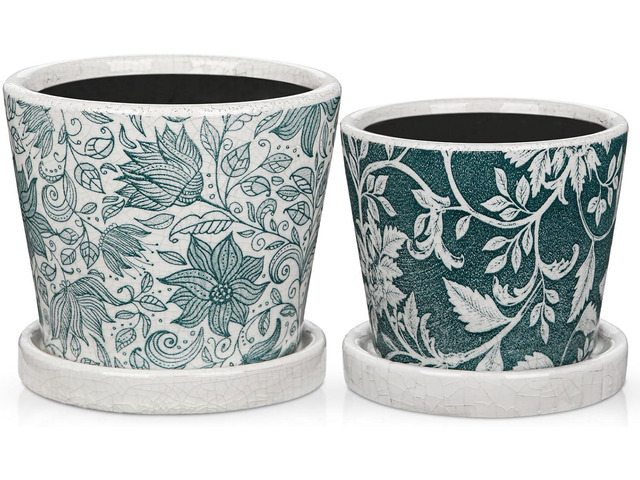 Set of 2 Ceramic Blue and White Plant Pots with Drainage Hole and Saucers, Vintage Farmhouse Accent Planters for Indoor Plants, Round Flower Pots...