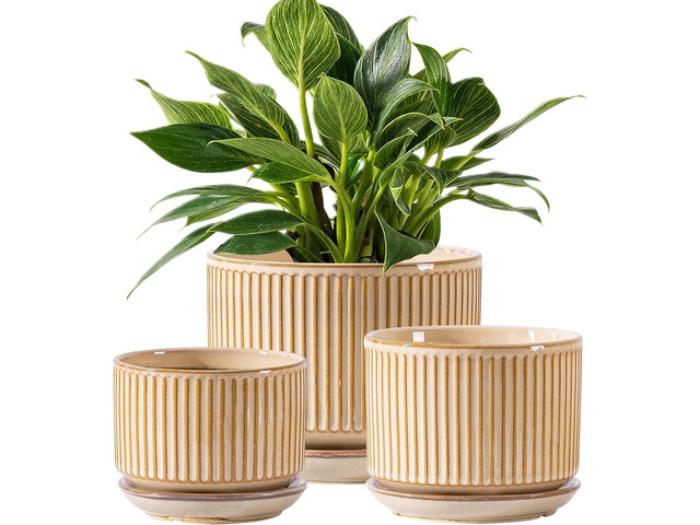 SURE YUESI Beige Ceramic Plant Pots Set of 3 (4.3+5.5+6.7), Striped Planters with Drainage Hole, Saucer & Mesh Pads, Decorative Pots for Indoor &...
