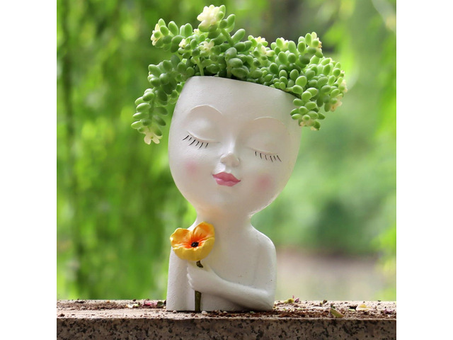 Face Planter Pot Head Planter for Indoor Plants, Cute Girl Holding Poppy Flower Pot with Drainage Hole, Resin Succulent Cactus Planter, Unique...