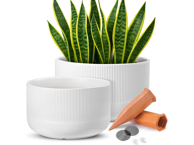 Ceramic Planters - 10+12 Inch Large Pots for Indoor & Outdoor Plants, Modern Flower Pots with Drainage Holes and Self Watering Devices, House White...