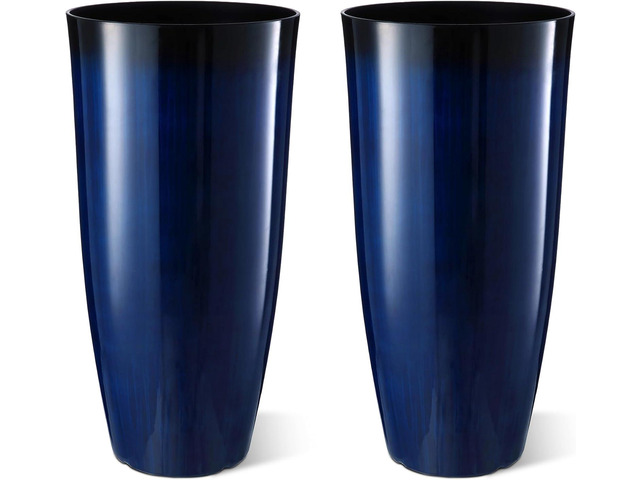 Glitzhome 30' H Tall Planters for Outdoor Plants, Set of 2 Plastic Large Outdoor Planters with Gradient Cobalt Blue Faux Ceramic Finish,Large...